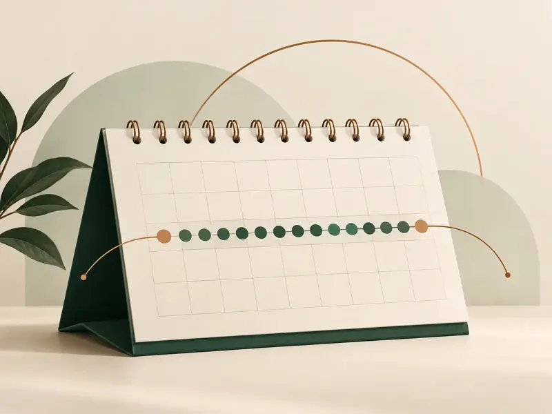 Ilustração de um calendário de mesa com uma sequência de dias marcados
